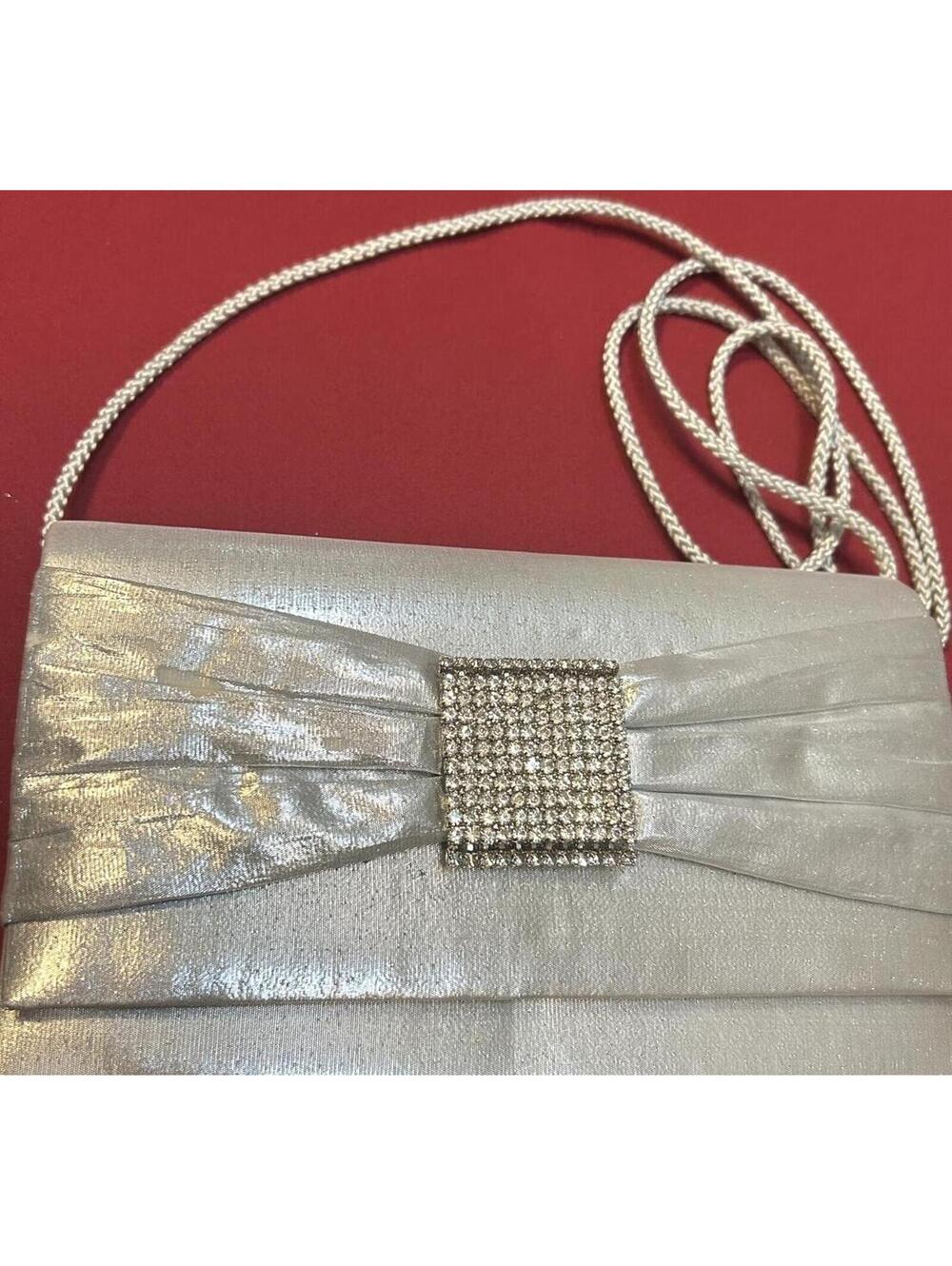 Silver Satin Rhinestone Clutch Purse Vintage Evening Bag Formal Wedding Prom Bag